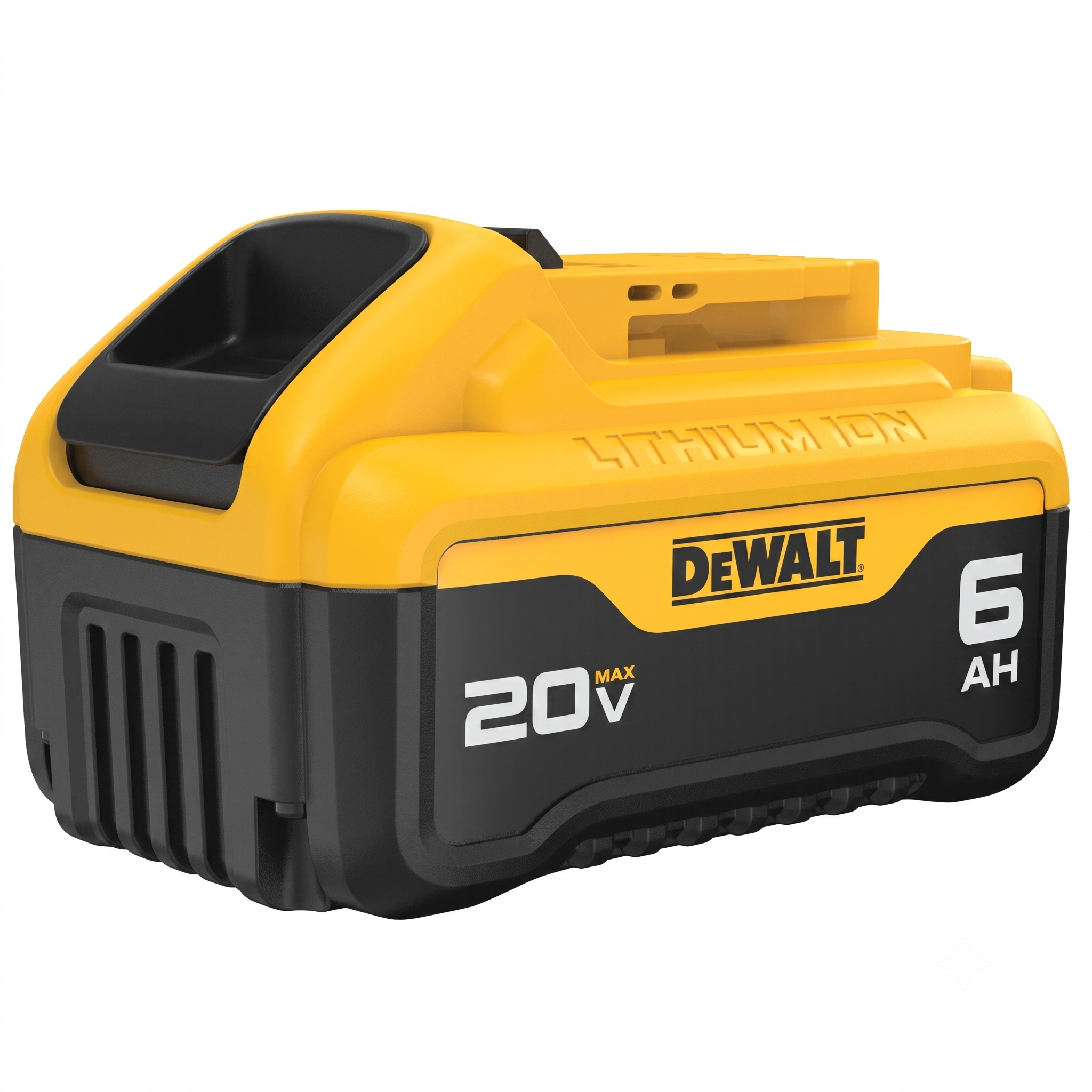 A DeWalt 20V lithium-ion 6Ah cordless battery, featuring the brand's signature yellow and black color scheme, shown on a solid white background.