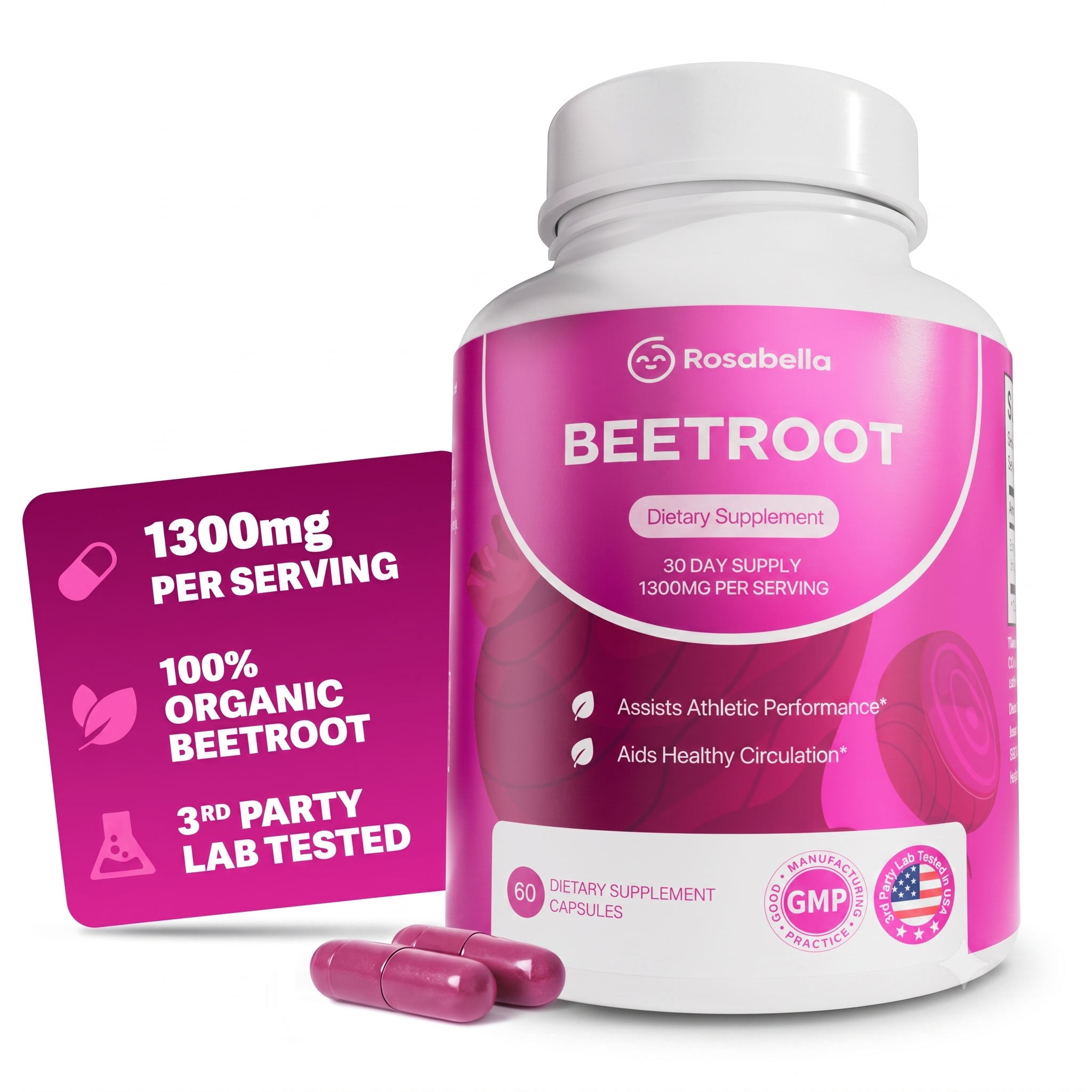 Rosabella Organic Beet Root Capsules 1300mg 60 Capsules