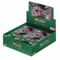 A green One Piece trading card display box containing multiple booster packs, shown on a plain white background.