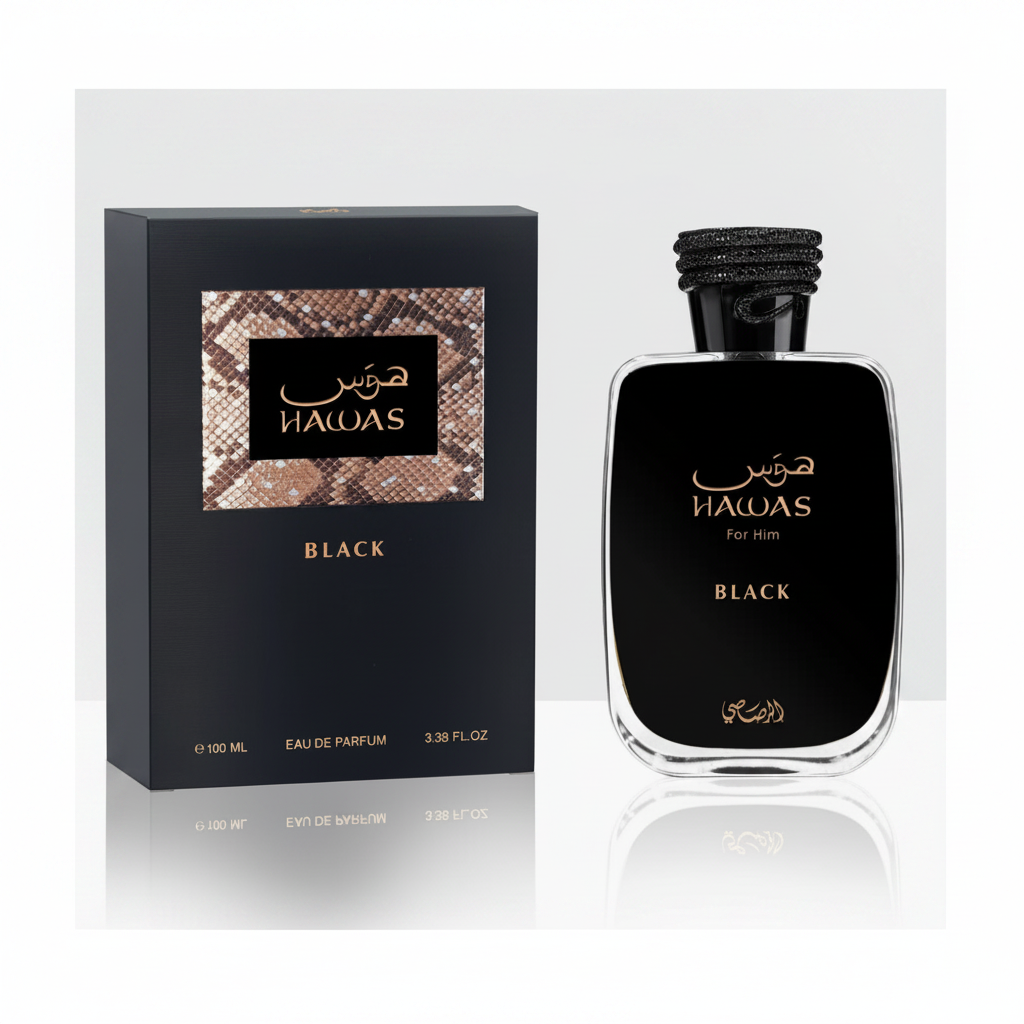 Rasasi Hawas Black For Him EDP - Box and Bottle