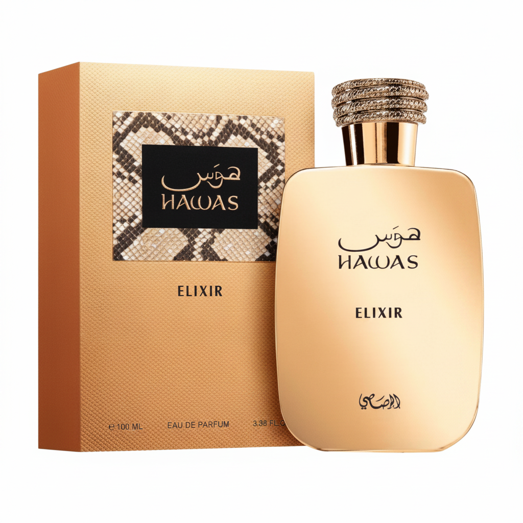 Rasasi Hawas Elixir EDP - Box and Bottle