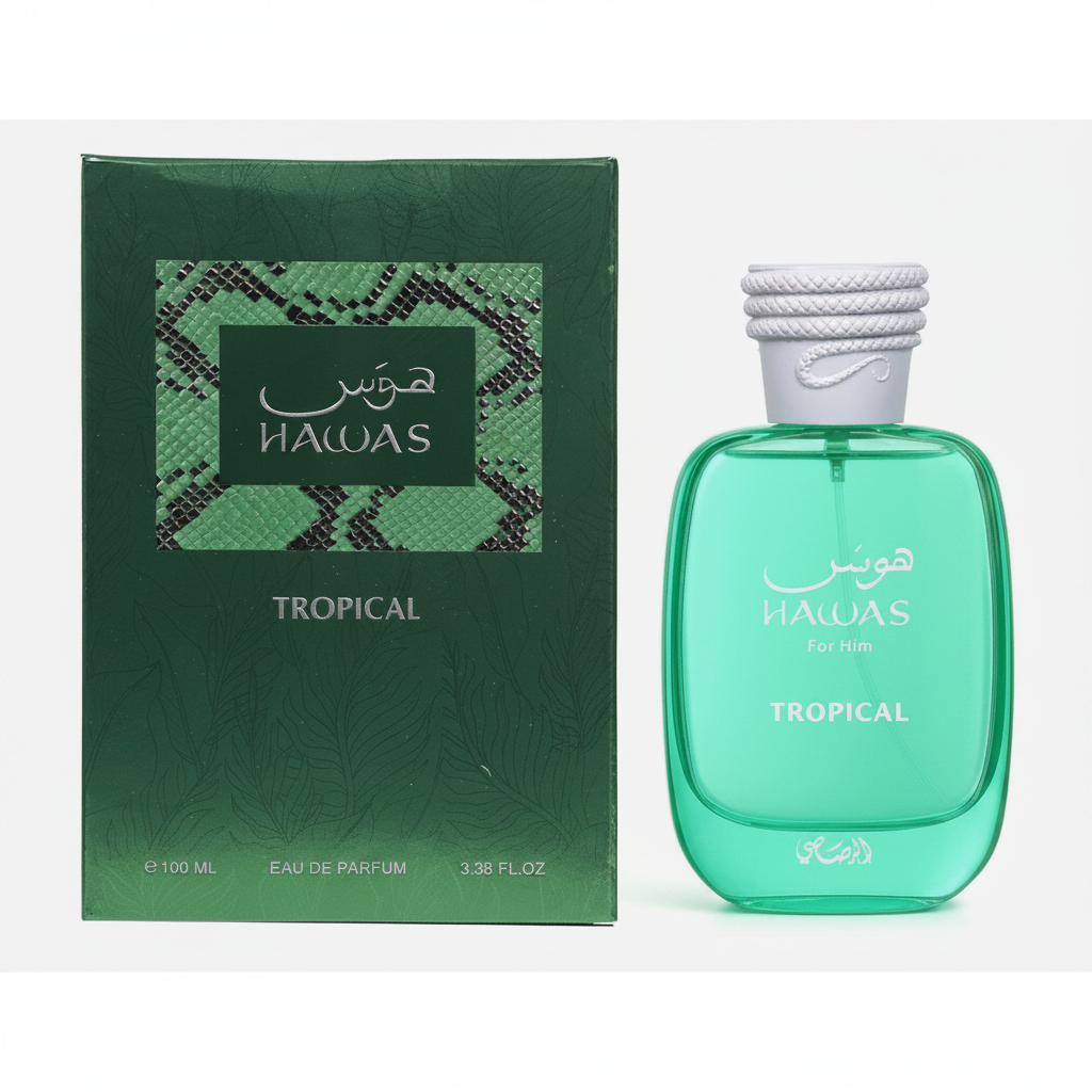Rasasi Hawas Tropical For Him EDP - Box and Bottle